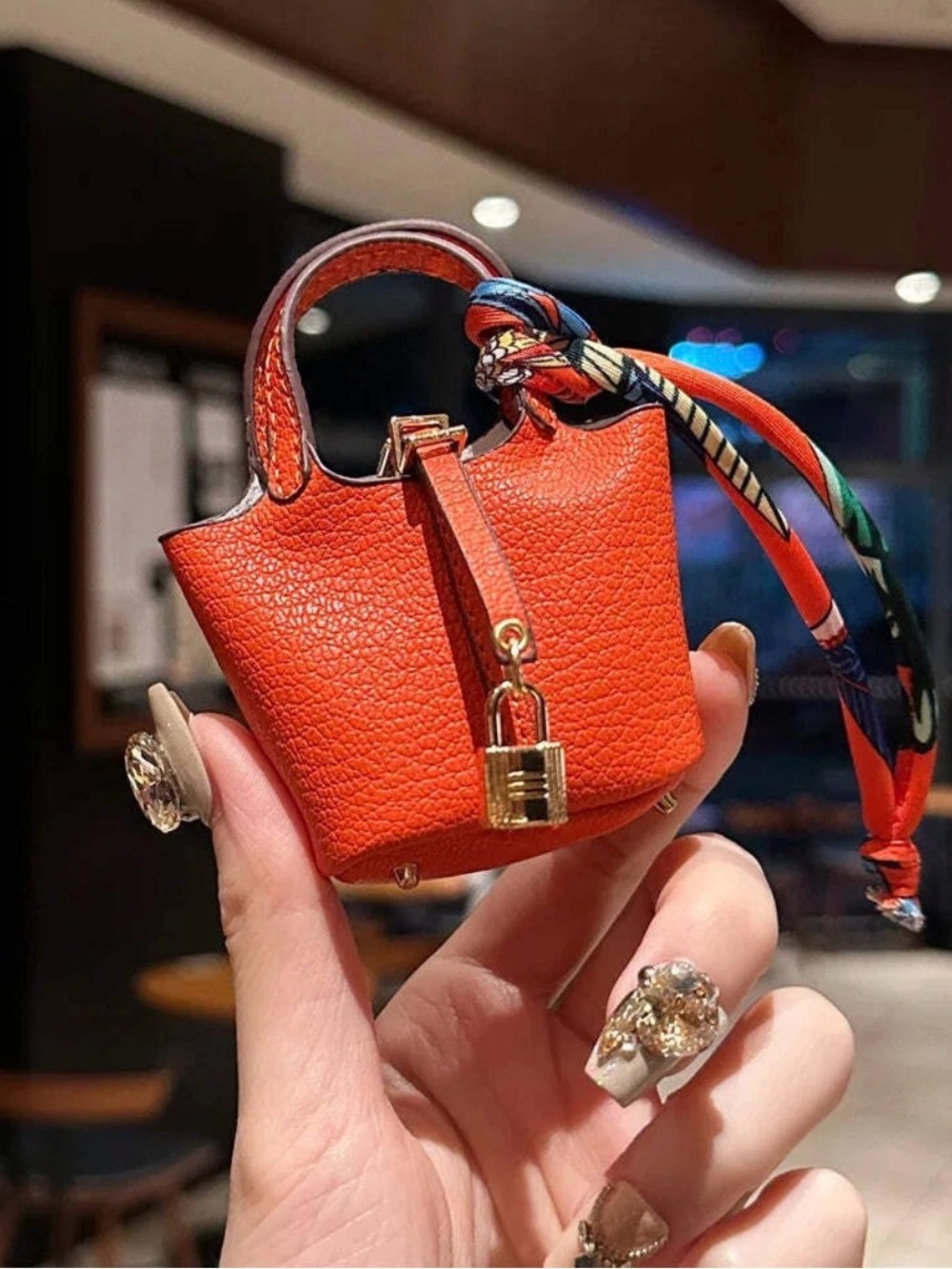 Women’s Mini Tote Bag - Orange Leather with Scarf Accent